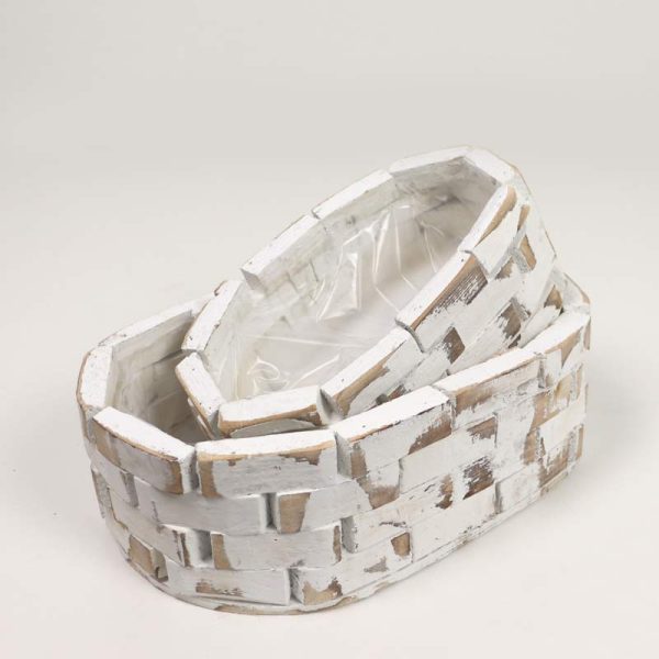 Coș din lemn oval - Alb antic (SET/2)